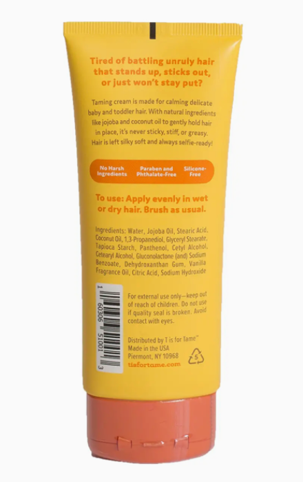 Back of the taming cream tube showing directions, the full ingredient list and made in the USA