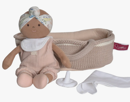 Baby Doll with Dark Skin, Brown Eyes and Knitted Carrying Cot